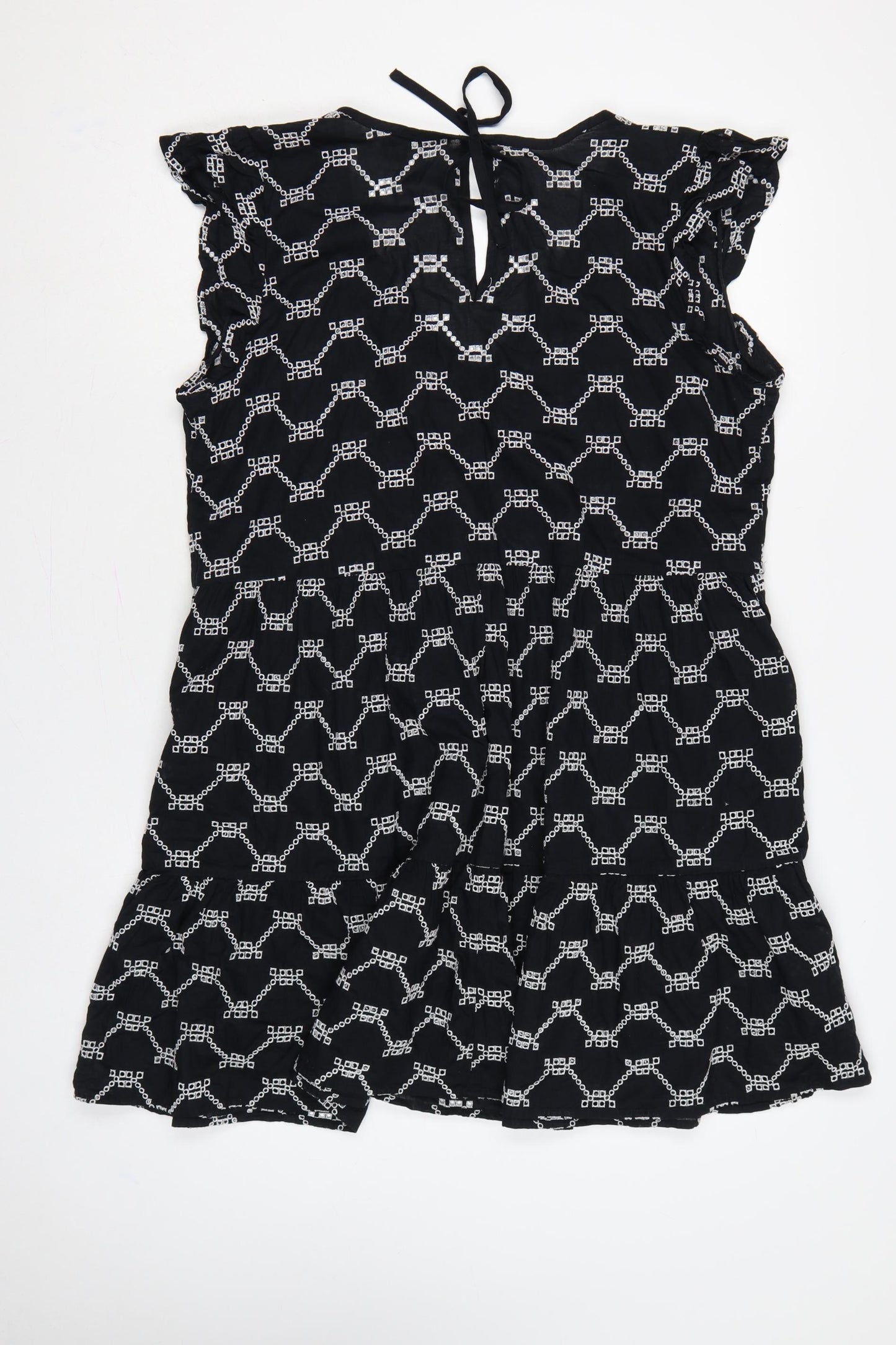 M&S Women Black White Geometric Embroidered Fit & Flare Dress UK 14