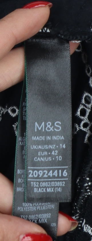 M&S Women Black White Geometric Embroidered Fit & Flare Dress UK 14