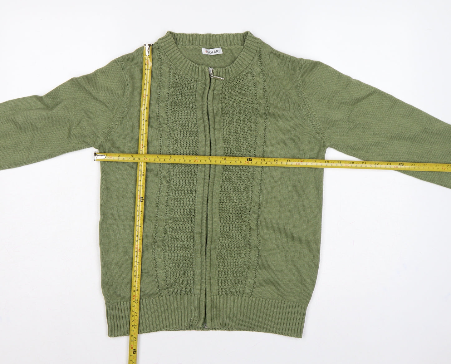 Damart Women Green UK 12 Full Zip Cable Knit Cotton Cardigan