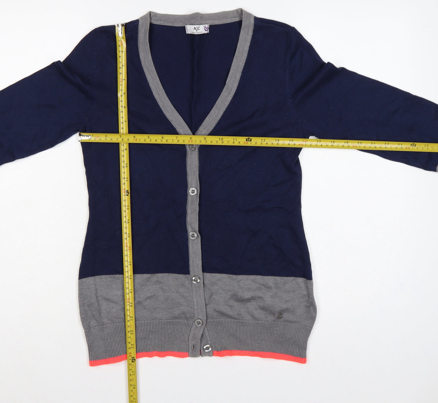 AJC Women’s Navy Grey Pink Cotton Blend V-Neck Cardigan Size S