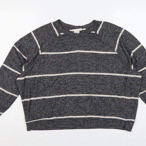 H&M Women's Grey Stripe Knit Sweatshirt UK 12 Relaxed Crew Neck