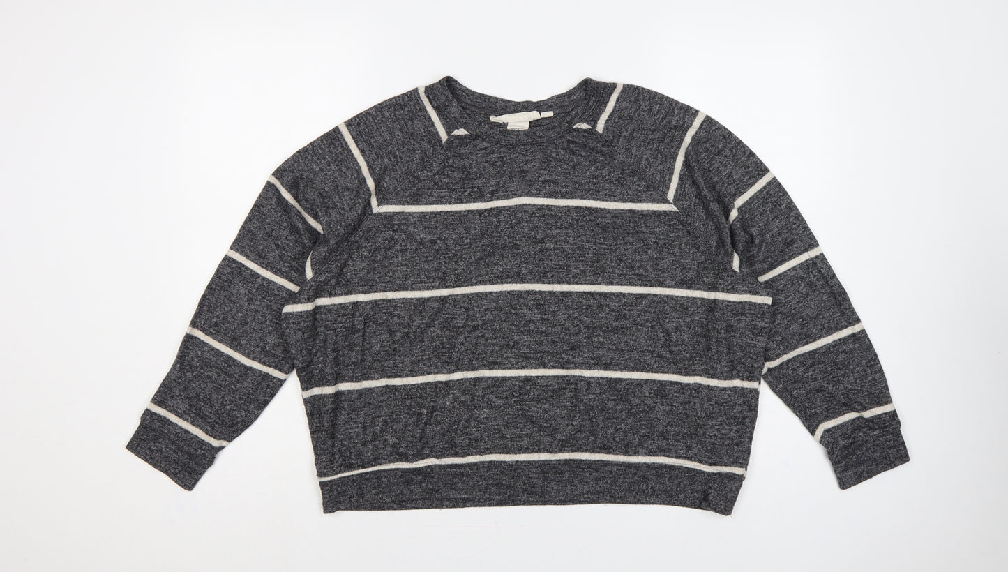 H&M Women's Grey Stripe Knit Sweatshirt UK 12 Relaxed Crew Neck