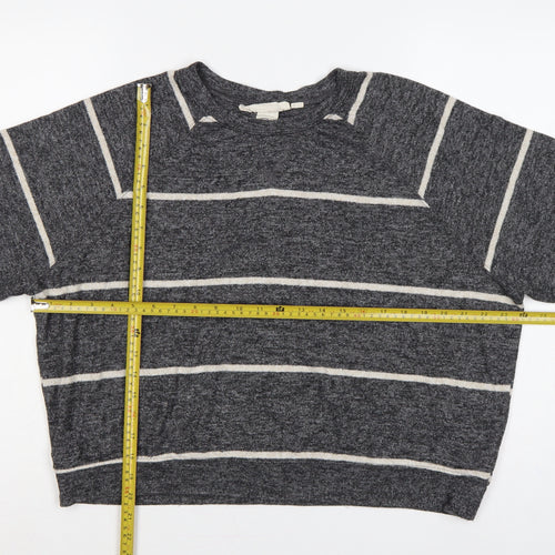 H&M Women's Grey Stripe Knit Sweatshirt UK 12 Relaxed Crew Neck