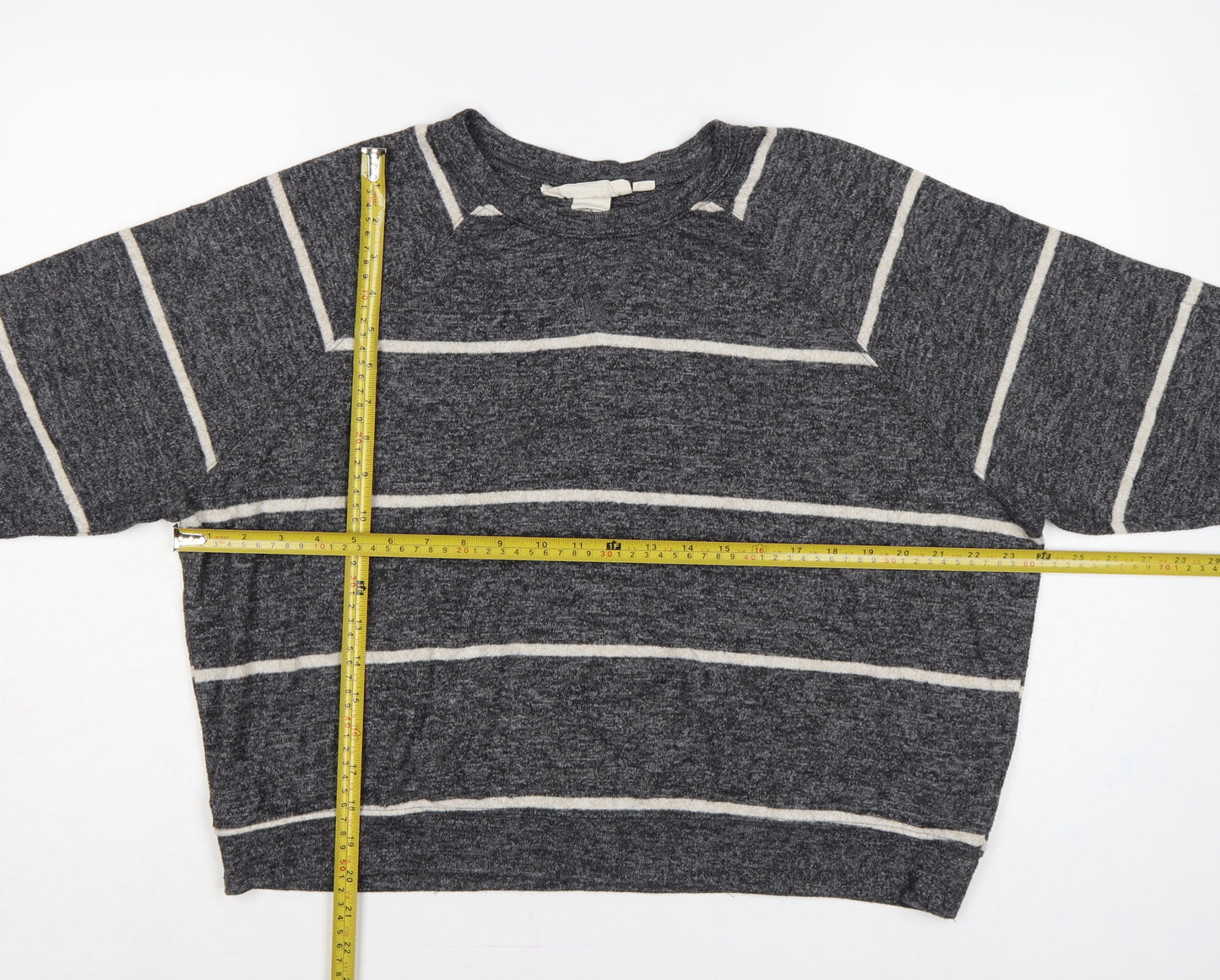 H&M Women's Grey Stripe Knit Sweatshirt UK 12 Relaxed Crew Neck