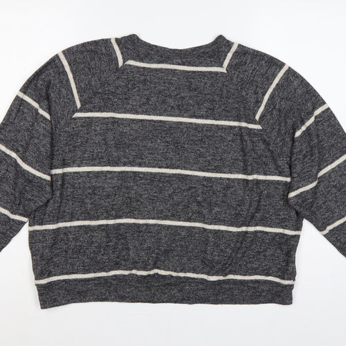 H&M Women's Grey Stripe Knit Sweatshirt UK 12 Relaxed Crew Neck