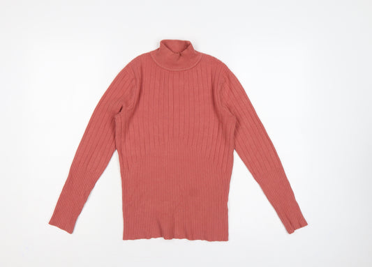 M&S Women Pink UK 8 Ribbed Roll Neck Slim Knit Jumper Button Cuffs