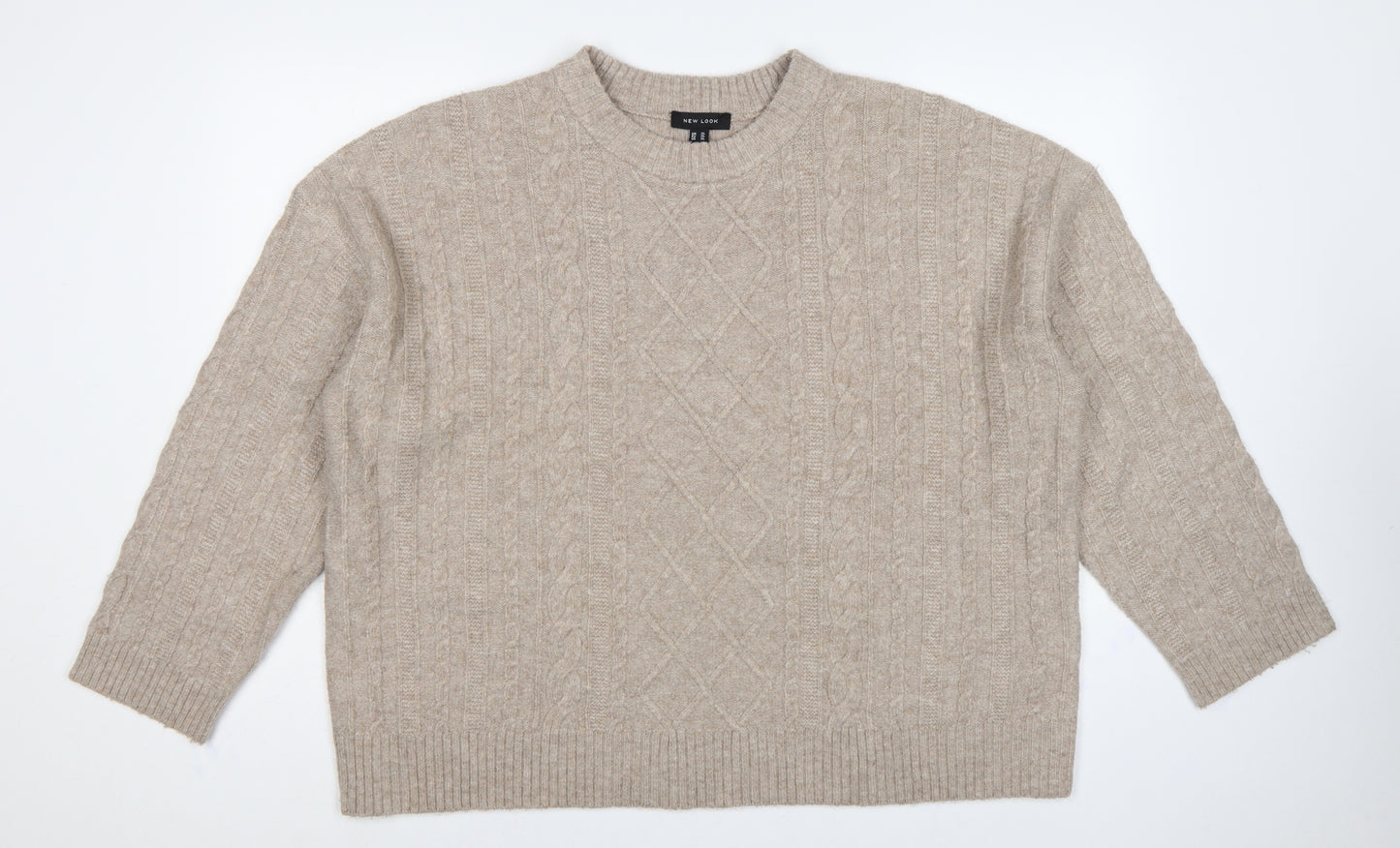New Look Women Beige XL Cable-Knit Crew Neck Long Sleeve Pullover Jumper
