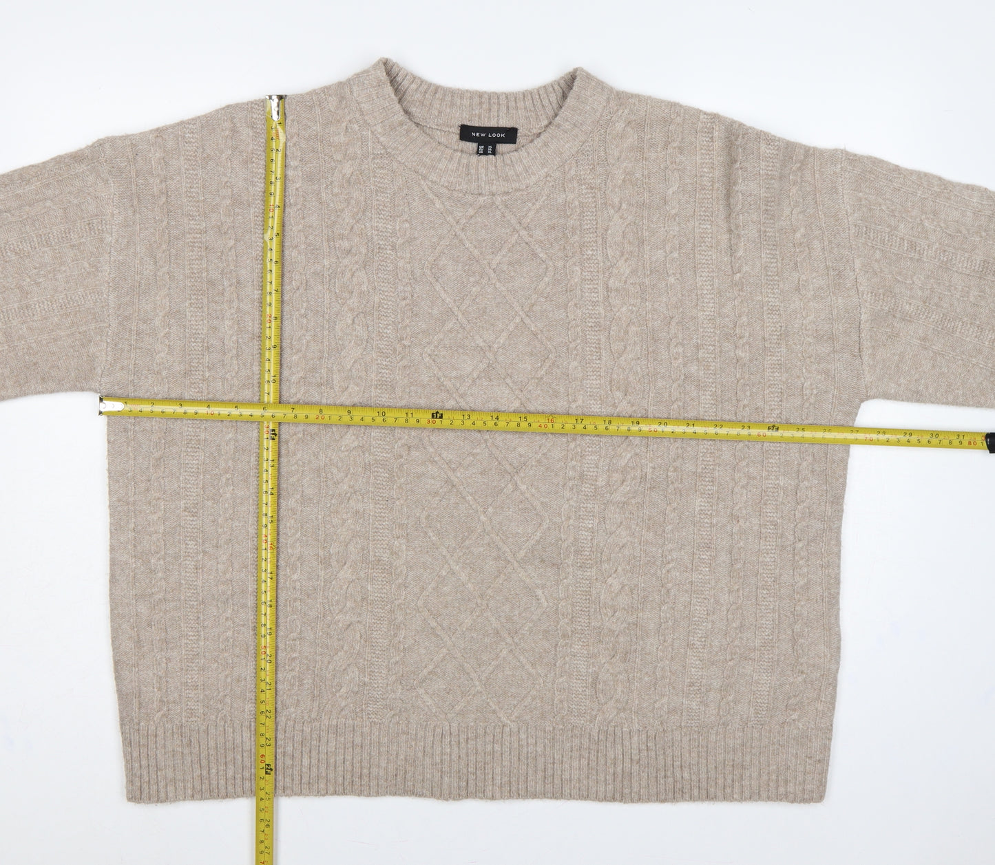 New Look Women Beige XL Cable-Knit Crew Neck Long Sleeve Pullover Jumper