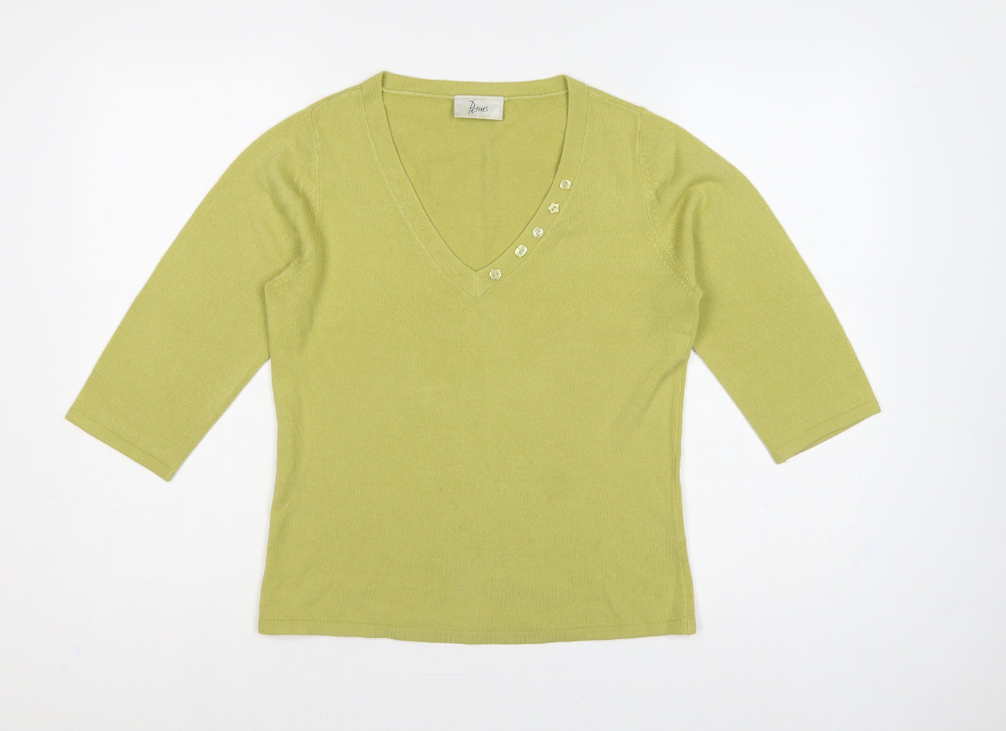Bhs Petites Women's Green UK 12 Henley V-Neck 3/4 Sleeve Jumper