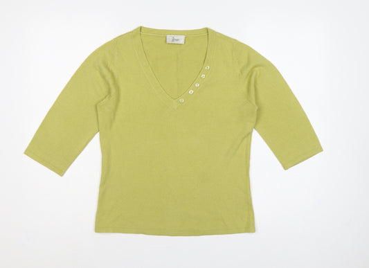 Bhs Petites Women's Green UK 12 Henley V-Neck 3/4 Sleeve Jumper