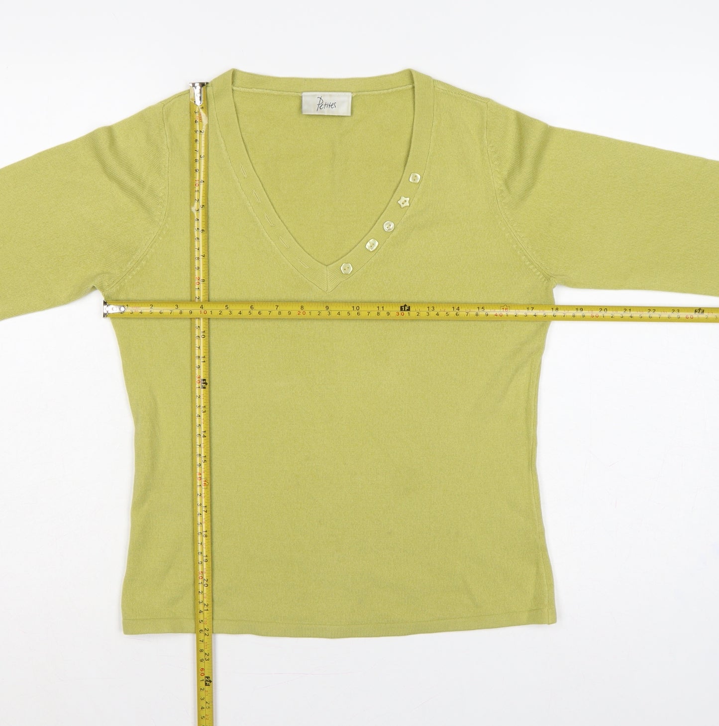 Bhs Petites Women's Green UK 12 Henley V-Neck 3/4 Sleeve Jumper