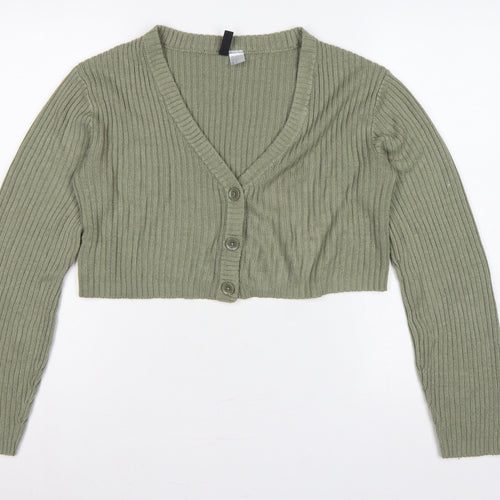 H&M Divided Women Green S Rib Knit Cropped V-Neck Cardigan