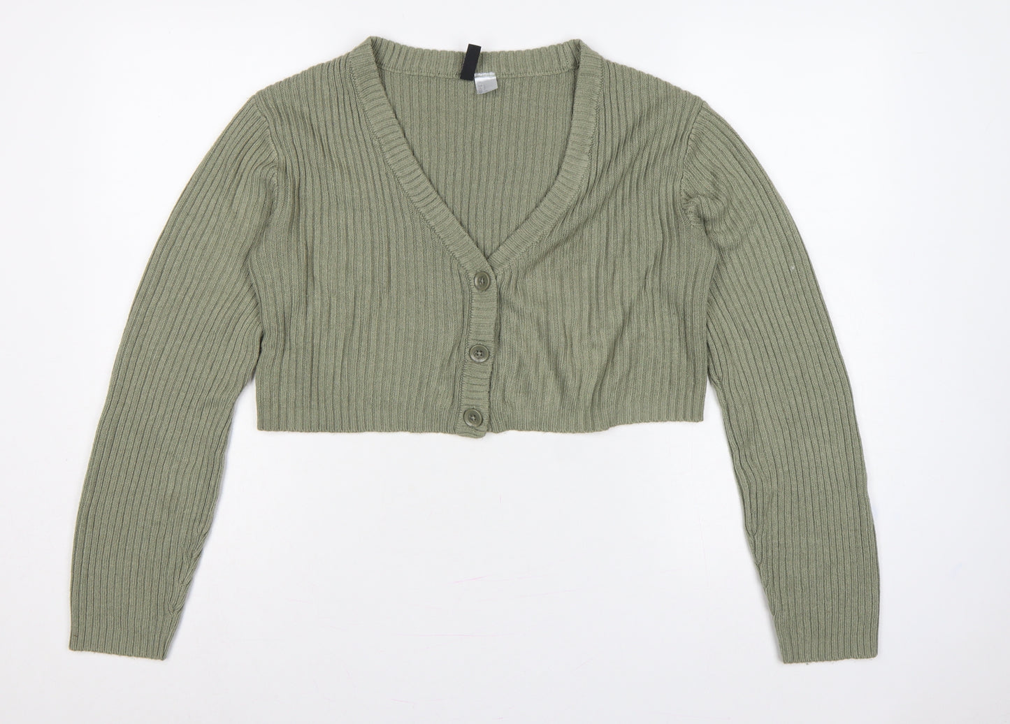 H&M Divided Women Green S Rib Knit Cropped V-Neck Cardigan