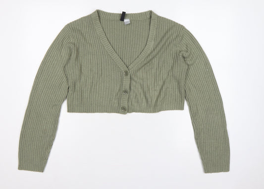 H&M Divided Women Green S Rib Knit Cropped V-Neck Cardigan