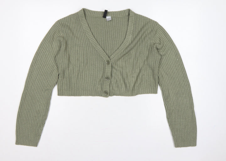 H&M Divided Women Green S Rib Knit Cropped V-Neck Cardigan