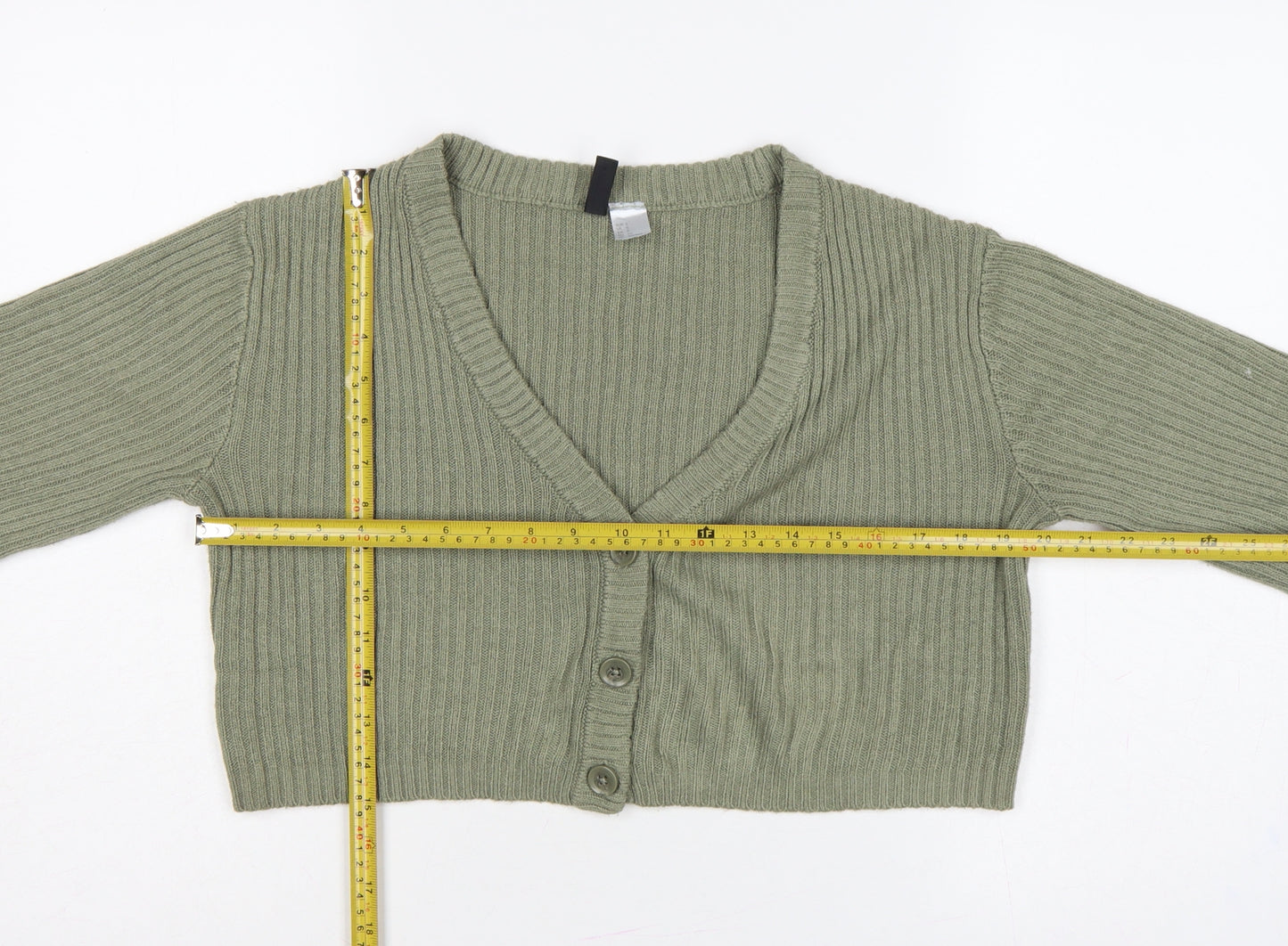H&M Divided Women Green S Rib Knit Cropped V-Neck Cardigan