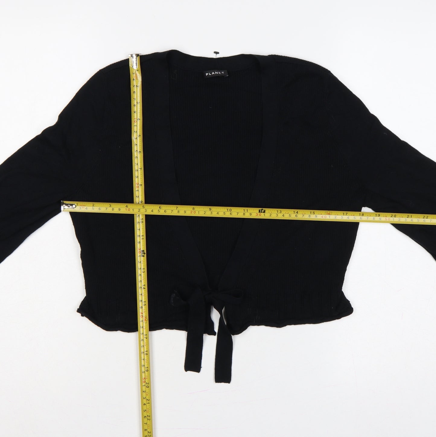 Planet Women Black M Rib Knit Tie Front Wrap Cardigan Long Sleeve