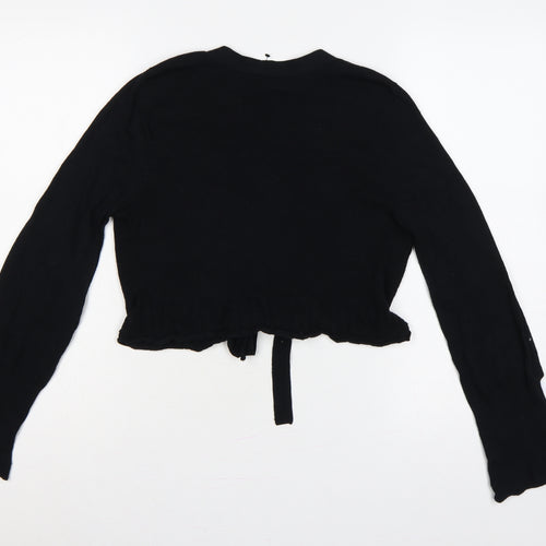 Planet Women Black M Rib Knit Tie Front Wrap Cardigan Long Sleeve