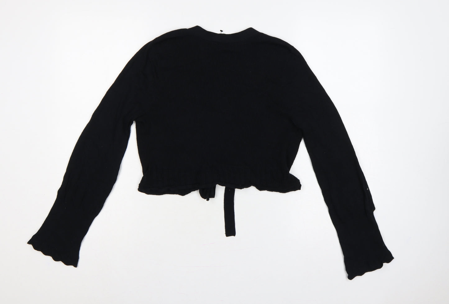 Planet Women Black M Rib Knit Tie Front Wrap Cardigan Long Sleeve