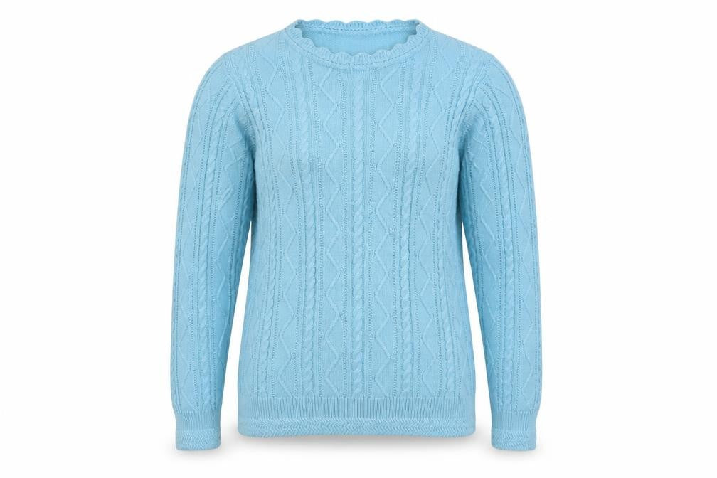 Front view of ISLE Women Blue, size 10, Cable Knit Round Neck jumper