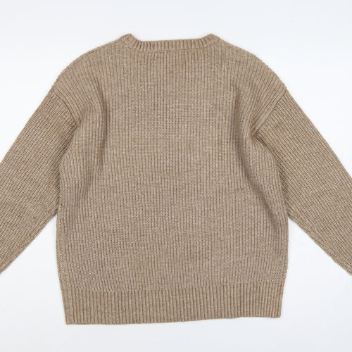 Marks & Spencer Women Beige M Chunky Knit Crew Neck Jumper