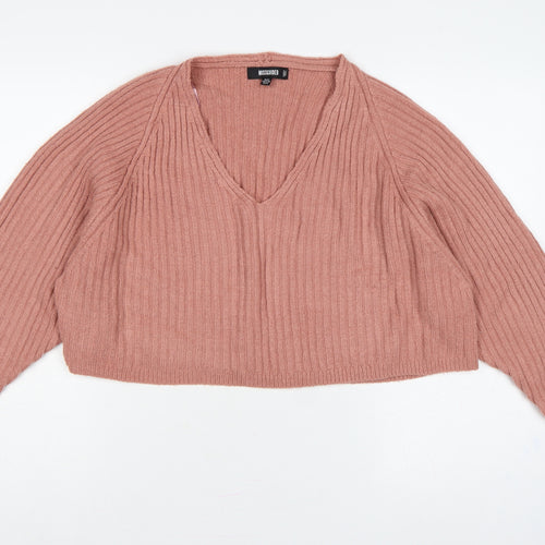 Missguided Women Pink UK 6/8 Rib Knit V-Neck Cropped Jumper
