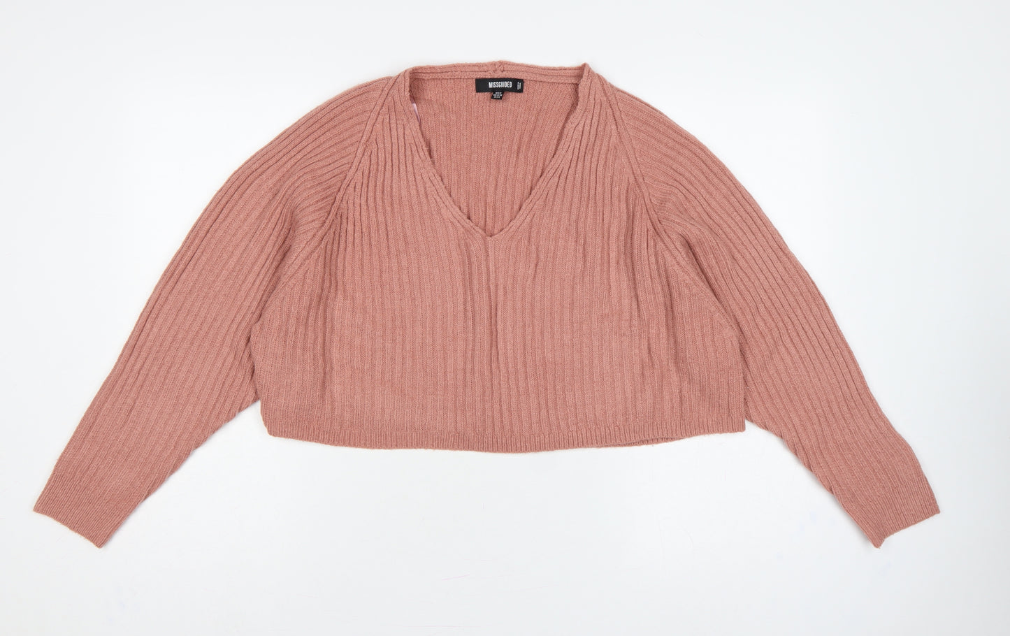 Missguided Women Pink UK 6/8 Rib Knit V-Neck Cropped Jumper
