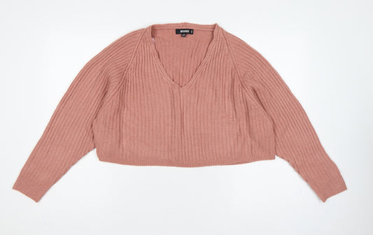 Missguided Women Pink UK 6/8 Rib Knit V-Neck Cropped Jumper