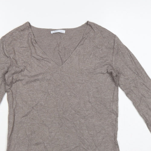 Zara Women Brown V-Neck Long Sleeve Knit Pullover Jumper Size S