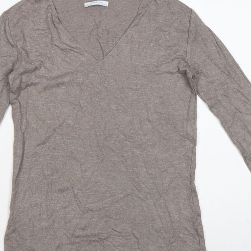 Zara Women Brown V-Neck Long Sleeve Knit Pullover Jumper Size S
