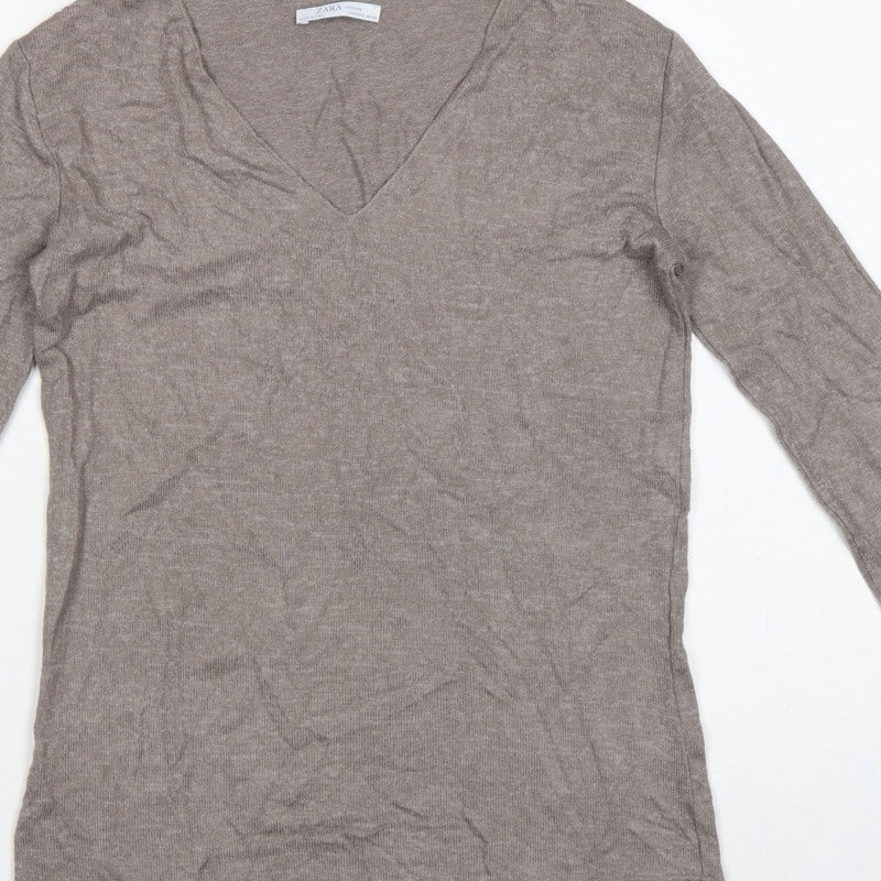 Zara Women Brown V-Neck Long Sleeve Knit Pullover Jumper Size S