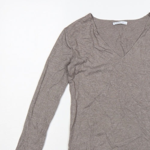 Zara Women Brown V-Neck Long Sleeve Knit Pullover Jumper Size S