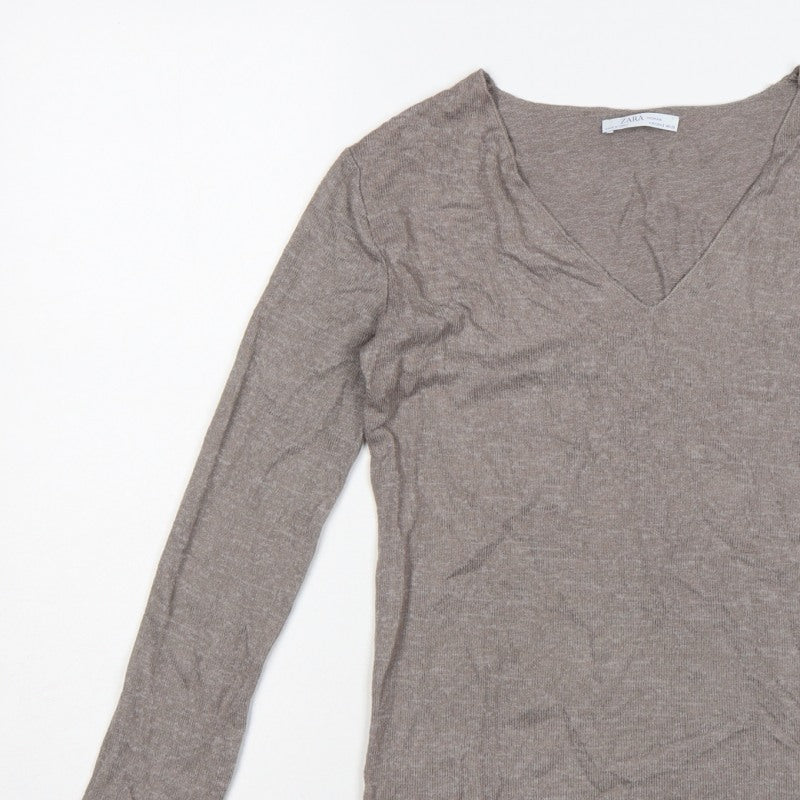 Zara Women Brown V-Neck Long Sleeve Knit Pullover Jumper Size S