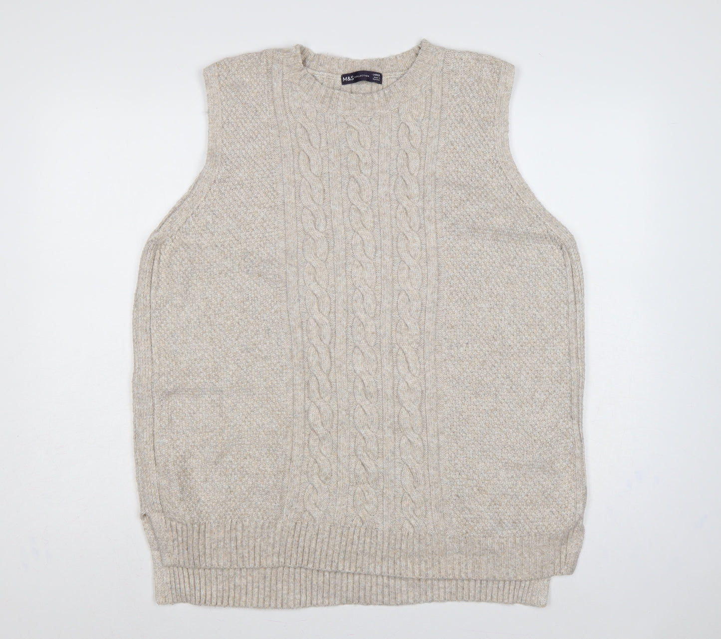 Marks and Spencer Women Beige L Cable Knit Sleeveless Jumper Vest