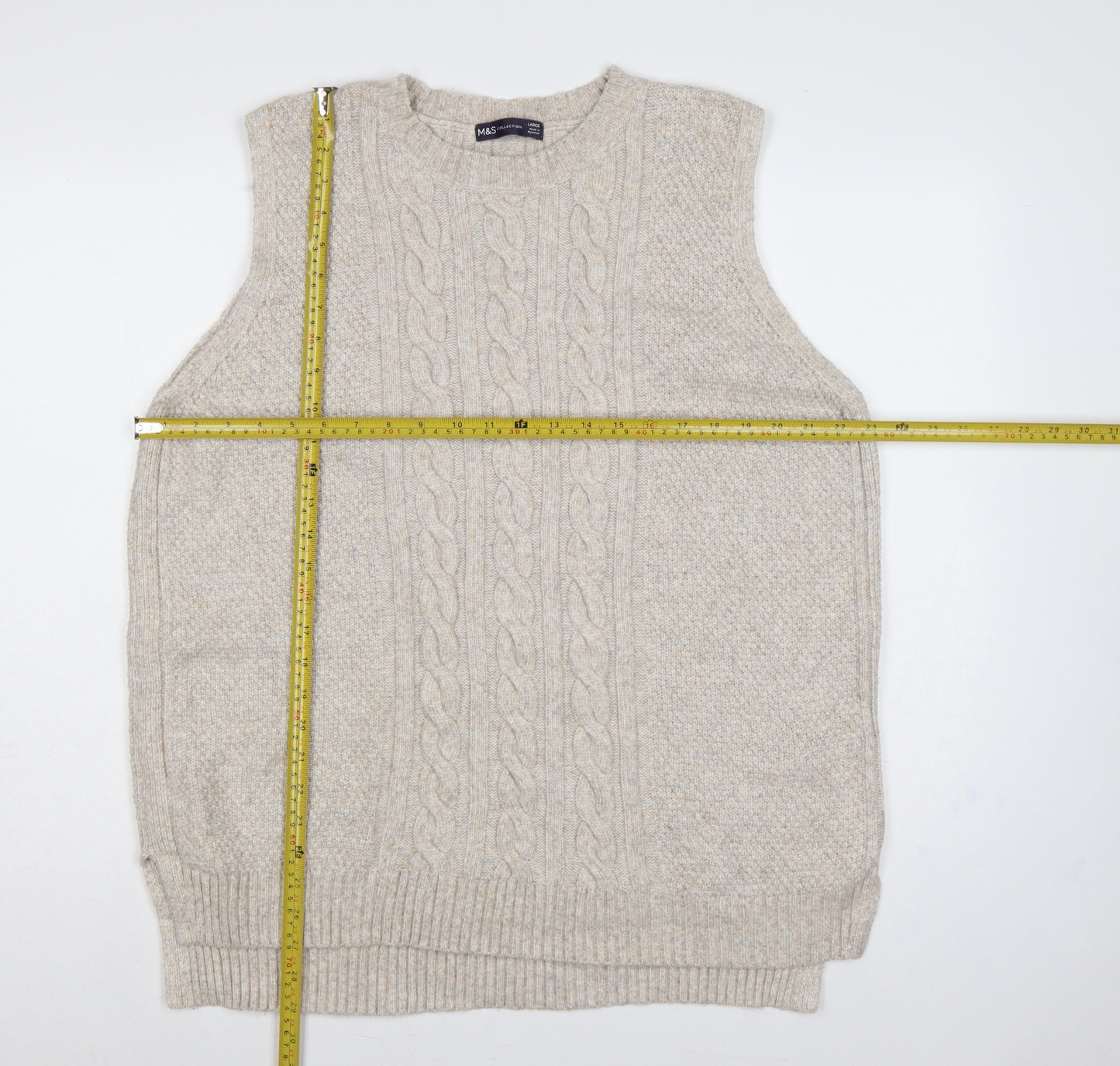 Marks and Spencer Women Beige L Cable Knit Sleeveless Jumper Vest