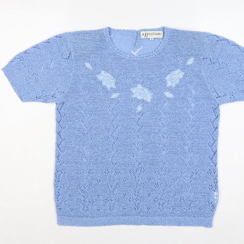 Affections Women Blue M Floral Beaded Short Sleeve Knit Jumper