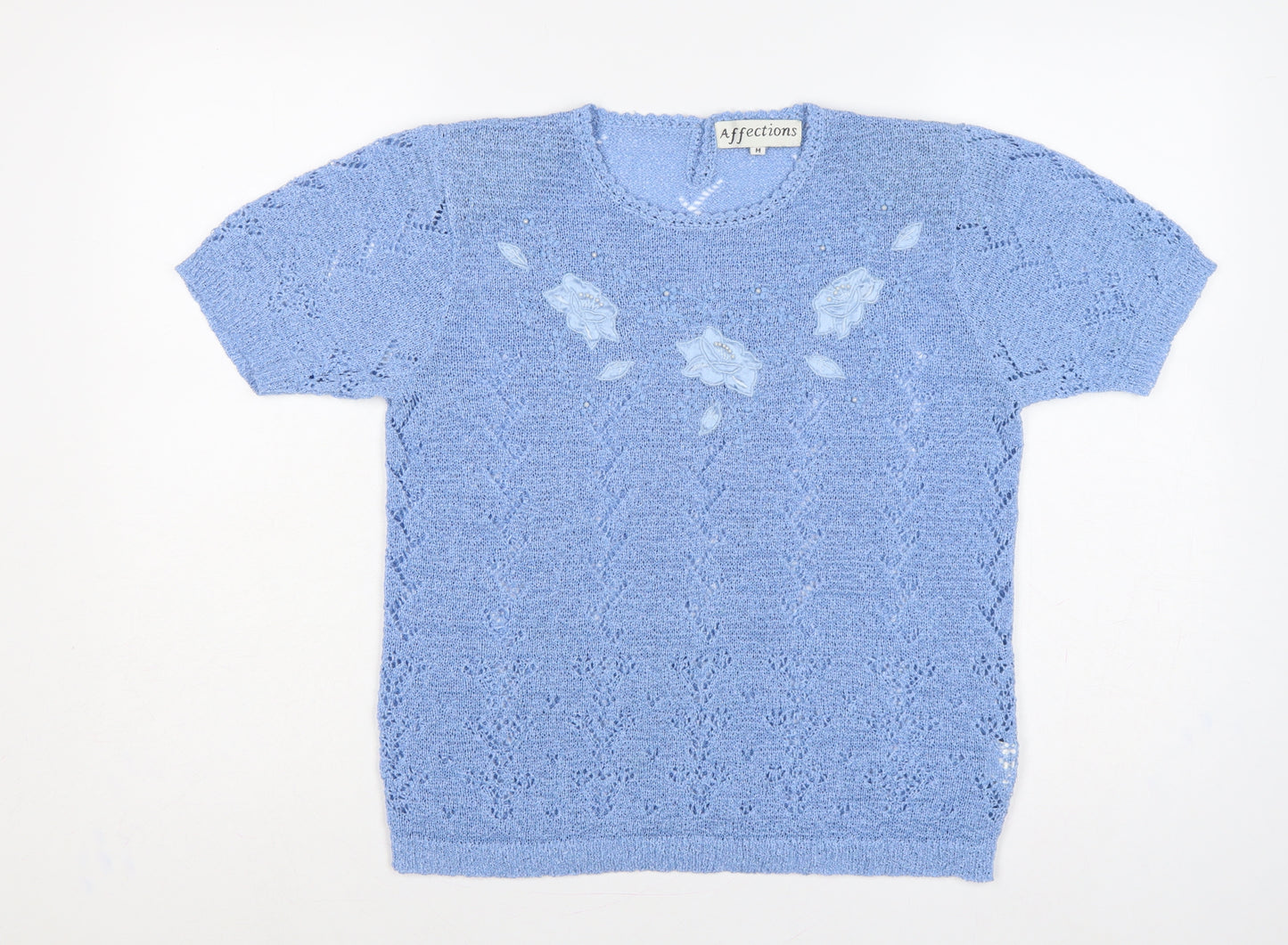 Affections Women Blue M Floral Beaded Short Sleeve Knit Jumper
