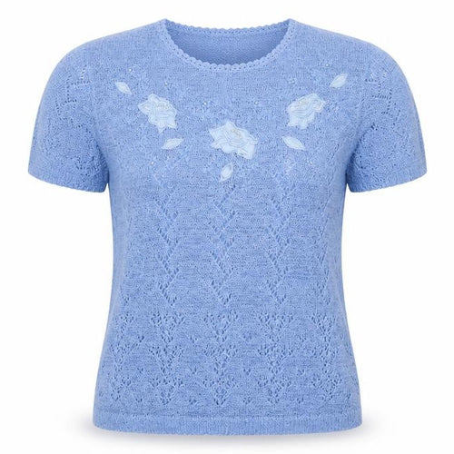 Affections Women Blue M Floral Beaded Short Sleeve Knit Jumper