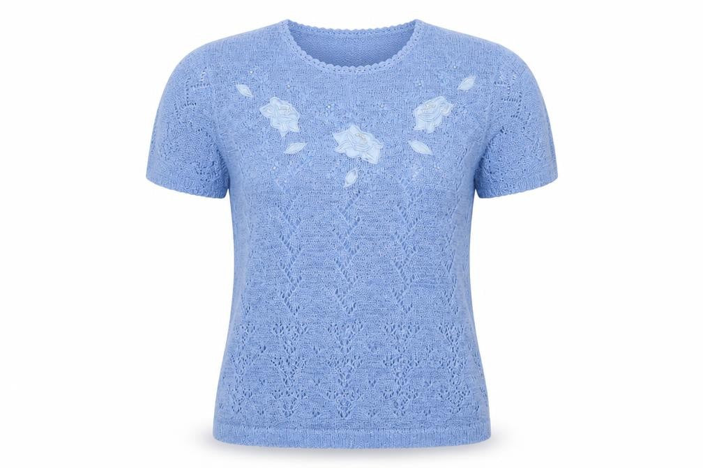 Affections Women Blue M Floral Beaded Short Sleeve Knit Jumper