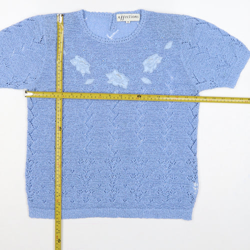 Affections Women Blue M Floral Beaded Short Sleeve Knit Jumper