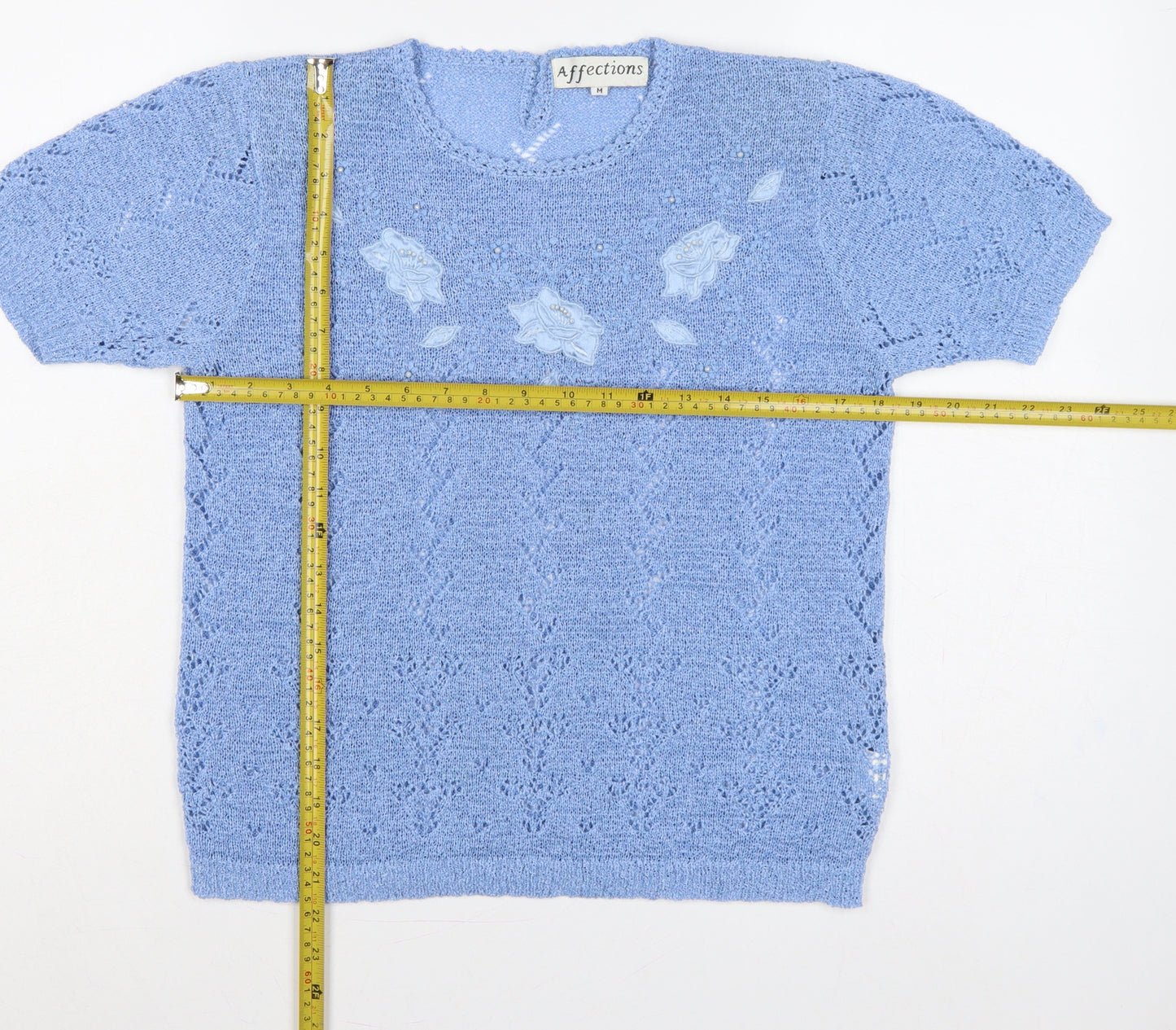 Affections Women Blue M Floral Beaded Short Sleeve Knit Jumper