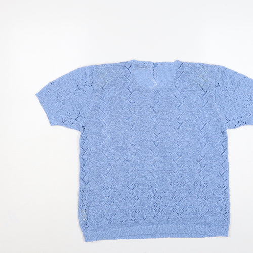 Affections Women Blue M Floral Beaded Short Sleeve Knit Jumper
