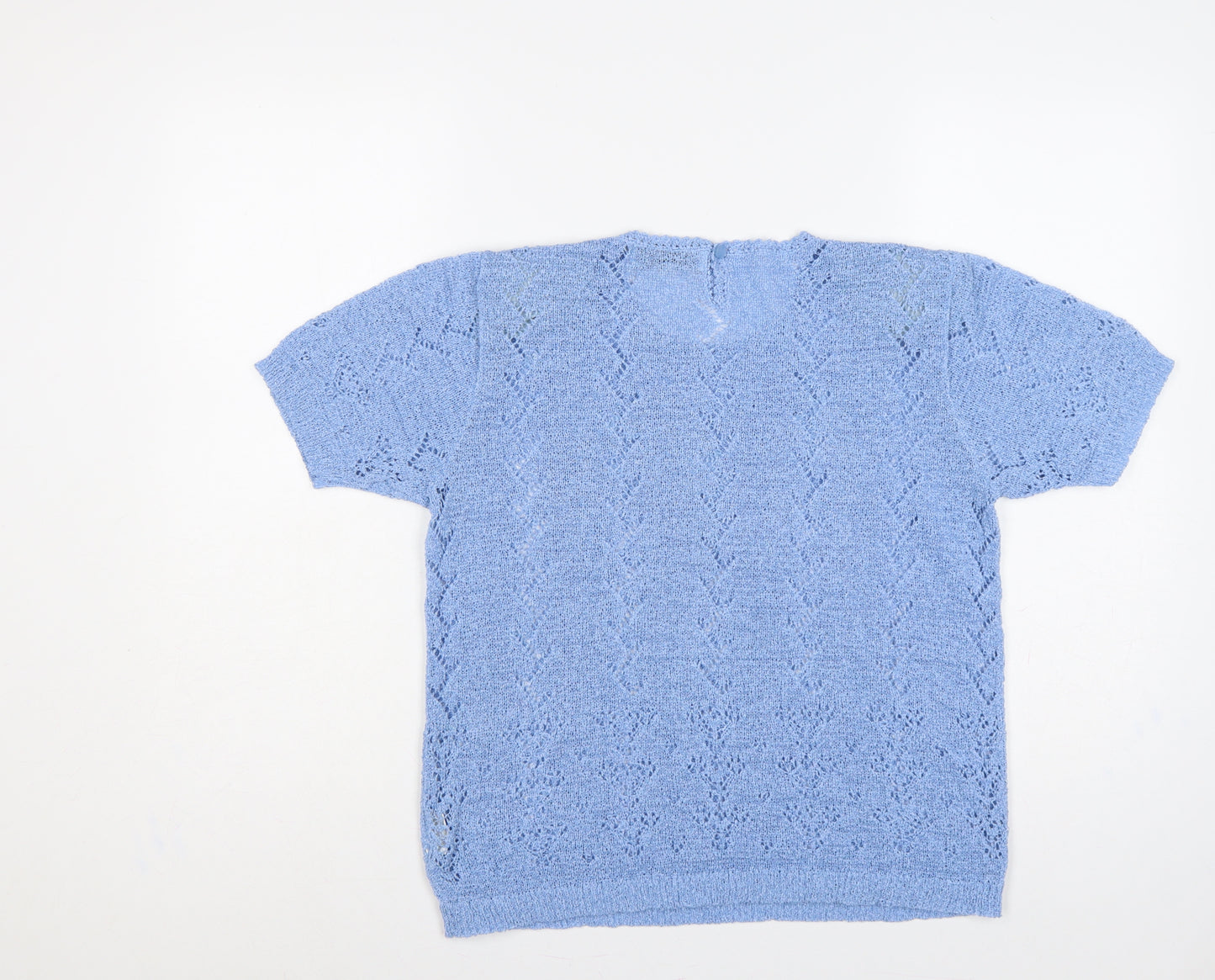 Affections Women Blue M Floral Beaded Short Sleeve Knit Jumper
