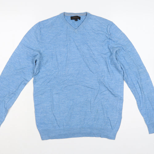 Lachlan Men’s Blue L Merino Wool Blend V-Neck Fine Knit Pullover Jumper