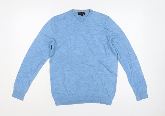 Lachlan Men’s Blue L Merino Wool Blend V-Neck Fine Knit Pullover Jumper