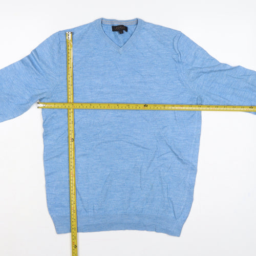 Lachlan Men’s Blue L Merino Wool Blend V-Neck Fine Knit Pullover Jumper