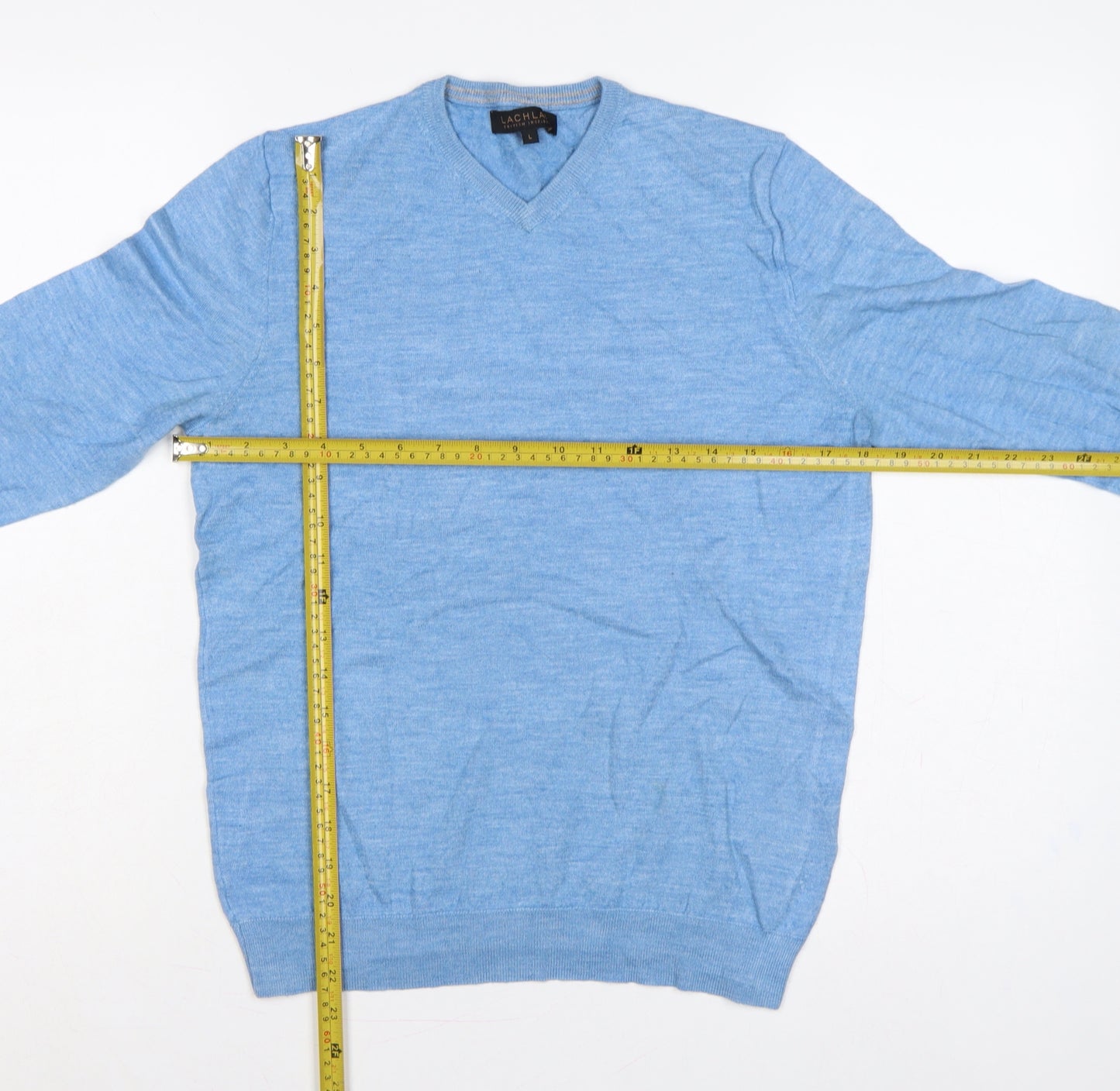 Lachlan Men’s Blue L Merino Wool Blend V-Neck Fine Knit Pullover Jumper