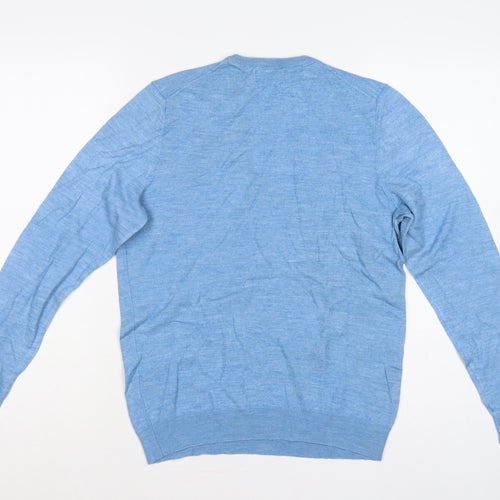 Lachlan Men’s Blue L Merino Wool Blend V-Neck Fine Knit Pullover Jumper