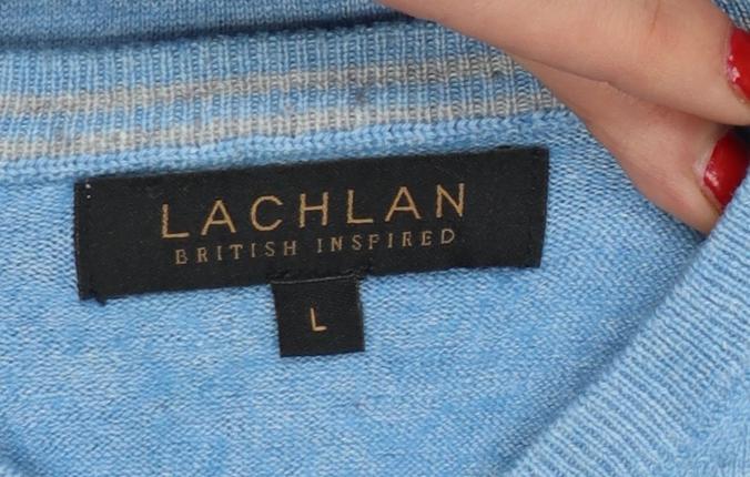 Lachlan Men’s Blue L Merino Wool Blend V-Neck Fine Knit Pullover Jumper