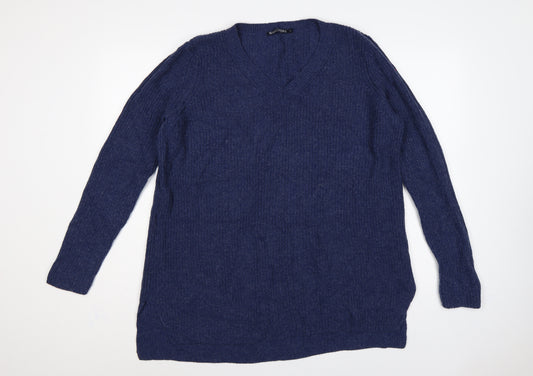 WoolOvers Women’s Blue L Merino Cashmere V-Neck Knit Pullover Jumper